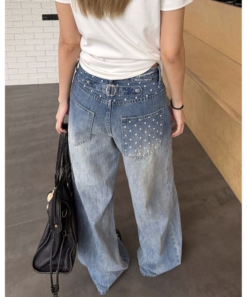inst.ALL（インストール）の「バックベルトスタープリントデニムワイドパンツ（デニムパンツ・レディース・ブルー・S/M/L/3L）」の2枚目の写真