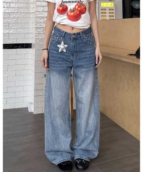 inst.ALL（インストール）の「バックベルトスタープリントデニムワイドパンツ（デニムパンツ・レディース・ブルー・S/M/L/3L）」の3枚目の写真