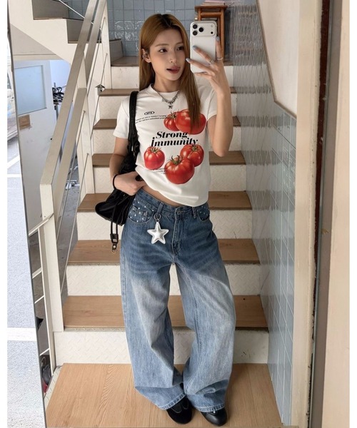 inst.ALL（インストール）の「バックベルトスタープリントデニムワイドパンツ（デニムパンツ・レディース・ブルー・S/M/L/3L）」の4枚目の写真