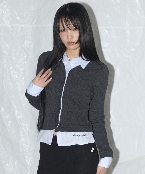 FANCY CLUB(ファンシークラブ)の「ストライプシャツレイヤードカーディガン (チャコール)_F24ZB066(カーディガン/ボレロ・レディース・その他・ONE SIZE)」の2枚目の写真