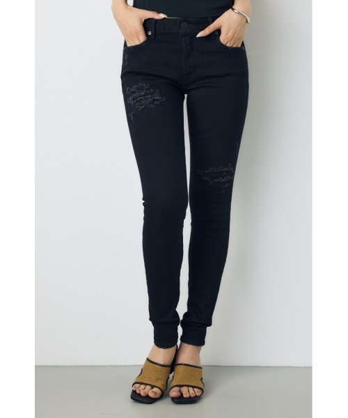 AZUL by moussy(アズールバイマウジー)の「【身長/骨格別着用画像あり】AZUL DENIM リペアスキニーデニム ストレッチ 履き心地抜群 美脚 足長 細見え ダメージ(デニムパンツ・レディース・ブラック/ダークブルー/ブルー・MEDIUM/LARGE/SMALL/X-SMALL/XX-SMALL/X-LARGE)」の1枚目の写真
