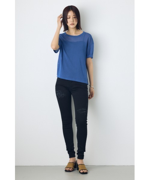 AZUL by moussy(アズールバイマウジー)の「【身長/骨格別着用画像あり】AZUL DENIM リペアスキニーデニム ストレッチ 履き心地抜群 美脚 足長 細見え ダメージ(デニムパンツ・レディース・ブラック/ダークブルー/ブルー・MEDIUM/LARGE/SMALL/X-SMALL/XX-SMALL/X-LARGE)」の7枚目の写真