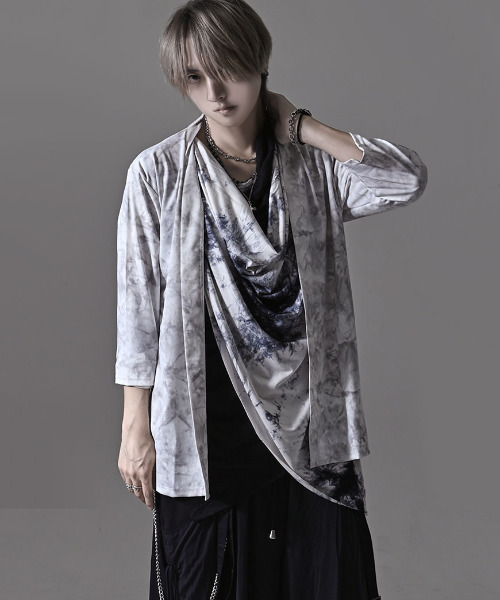 Bernings Sho(バーニングショー)の「『Bernings Sho/バーニングショー』スモーク柄ノーカラー7分袖カーディガン(カーディガン/ボレロ・メンズ・ブラック/ホワイト・XL/L/M)」の1枚目の写真