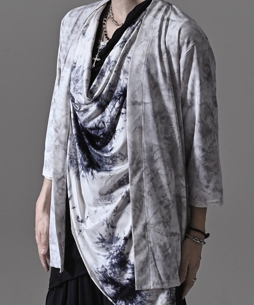 Bernings Sho(バーニングショー)の「『Bernings Sho/バーニングショー』スモーク柄ノーカラー7分袖カーディガン(カーディガン/ボレロ・メンズ・ブラック/ホワイト・XL/L/M)」の3枚目の写真