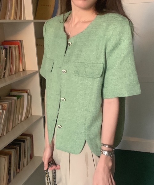 FAVORITO(ファヴォリート)の「半袖ツイードノーカラージャケット(ノーカラージャケット・レディース・グリーン・F)」の7枚目の写真