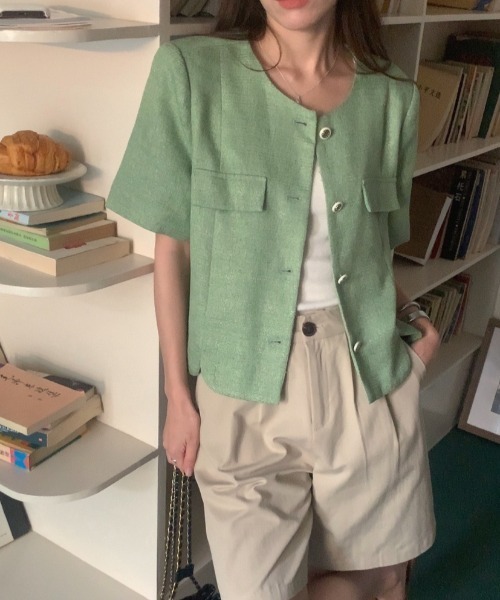 FAVORITO(ファヴォリート)の「半袖ツイードノーカラージャケット(ノーカラージャケット・レディース・グリーン・F)」の11枚目の写真