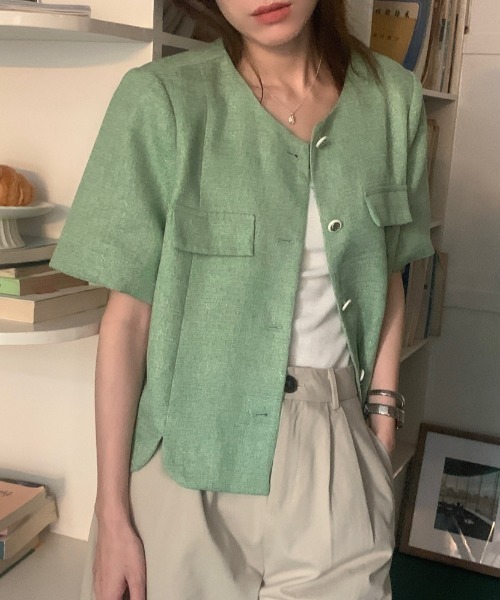 FAVORITO(ファヴォリート)の「半袖ツイードノーカラージャケット(ノーカラージャケット・レディース・グリーン・F)」の3枚目の写真