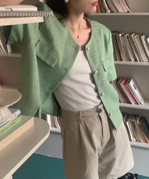 FAVORITO(ファヴォリート)の「半袖ツイードノーカラージャケット(ノーカラージャケット・レディース・グリーン・F)」の10枚目の写真