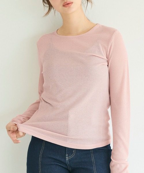 coca(coca)(コカ)の「シアーテレコ長袖クルーネックトップス(Tシャツ/カットソー・レディース・グレー/ピンク/ホワイト/ブルー・L/M/S)」の4枚目の写真
