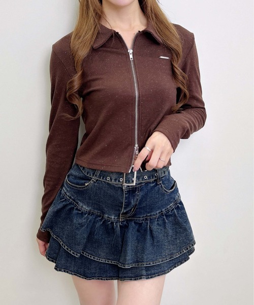 INGNI（イング）の「襟付きジップラメリブ長袖トップス（Tシャツ/カットソー・レディース・ブラウン/ブラック/グレー・M）」の3枚目の写真