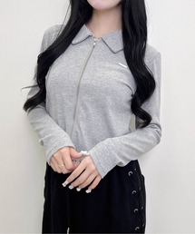 襟付きジップラメリブ長袖トップス