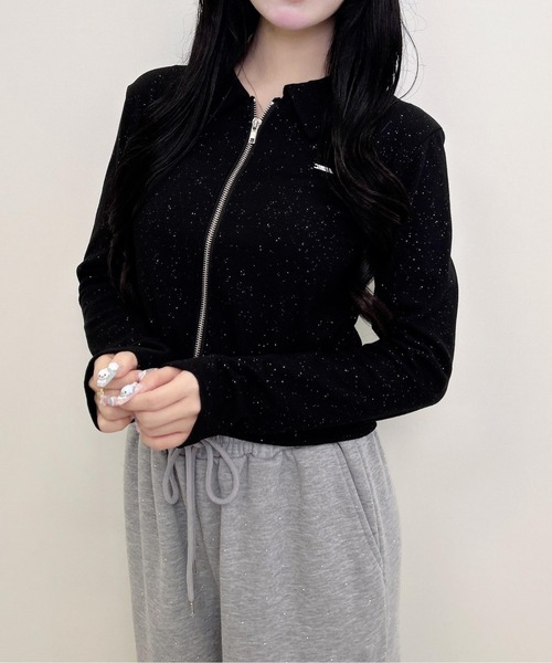 INGNI（イング）の「襟付きジップラメリブ長袖トップス（Tシャツ/カットソー・レディース・ブラウン/ブラック/グレー・M）」の5枚目の写真