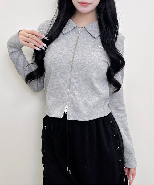 INGNI（イング）の「襟付きジップラメリブ長袖トップス（Tシャツ/カットソー・レディース・ブラウン/ブラック/グレー・M）」の9枚目の写真