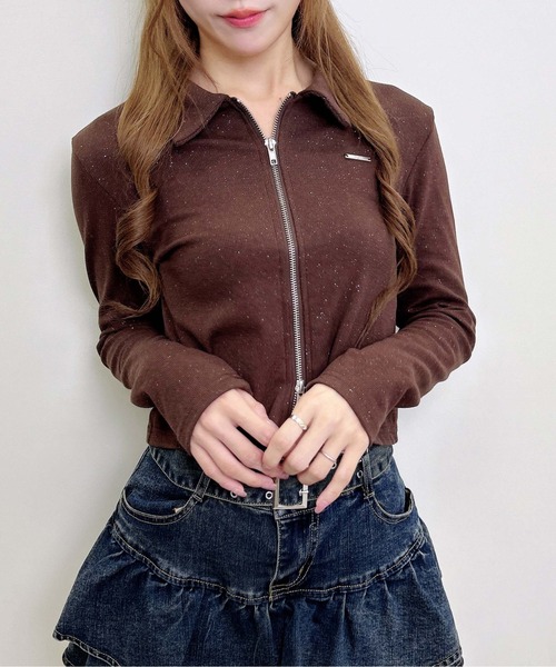 INGNI（イング）の「襟付きジップラメリブ長袖トップス（Tシャツ/カットソー・レディース・ブラウン/ブラック/グレー・M）」の21枚目の写真