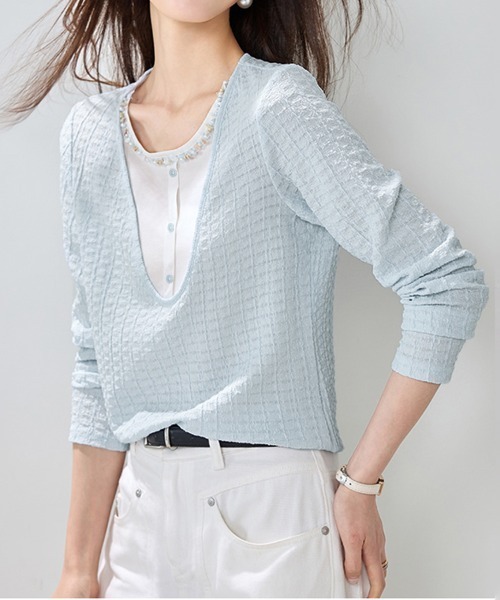 ONEP STAR(ワンピスター)の「ビーズ&パール調装飾長袖プルオーバー(Tシャツ/カットソー・レディース・ライトブルー・MEDIUM/X-LARGE/LARGE)」の3枚目の写真