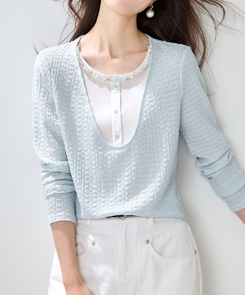 ONEP STAR(ワンピスター)の「ビーズ&パール調装飾長袖プルオーバー(Tシャツ/カットソー・レディース・ライトブルー・MEDIUM/X-LARGE/LARGE)」の4枚目の写真