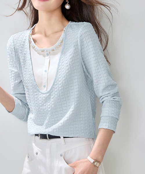 ONEP STAR(ワンピスター)の「ビーズ&パール調装飾長袖プルオーバー(Tシャツ/カットソー・レディース・ライトブルー・MEDIUM/X-LARGE/LARGE)」の5枚目の写真
