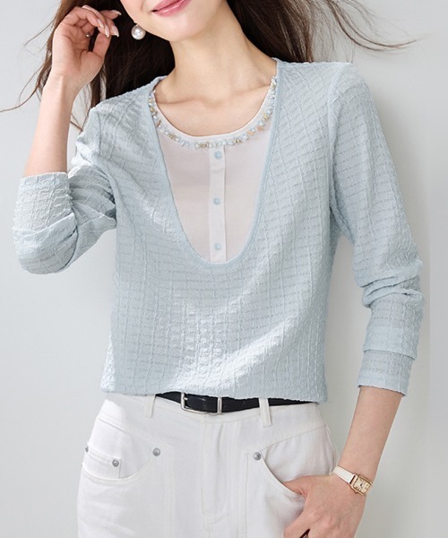 ONEP STAR(ワンピスター)の「ビーズ&パール調装飾長袖プルオーバー(Tシャツ/カットソー・レディース・ライトブルー・MEDIUM/X-LARGE/LARGE)」の6枚目の写真