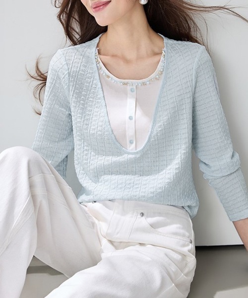 ONEP STAR(ワンピスター)の「ビーズ&パール調装飾長袖プルオーバー(Tシャツ/カットソー・レディース・ライトブルー・MEDIUM/X-LARGE/LARGE)」の7枚目の写真