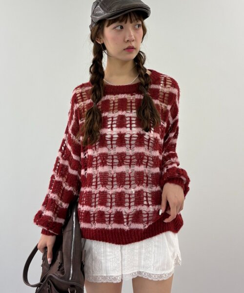 w closet(ダブルクローゼット)の「透かし編みボーダーニット(ニット/セーター・レディース・グレー/ブルー/レッド・FREE)」の3枚目の写真