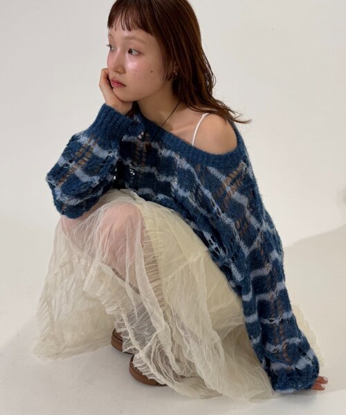 w closet(ダブルクローゼット)の「透かし編みボーダーニット(ニット/セーター・レディース・グレー/ブルー/レッド・FREE)」の1枚目の写真