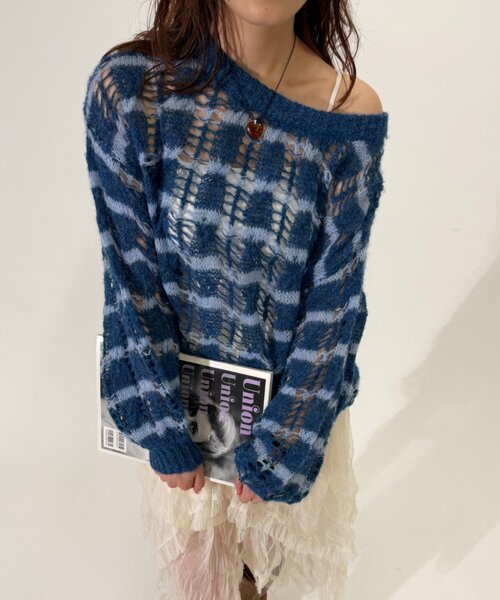 w closet(ダブルクローゼット)の「透かし編みボーダーニット(ニット/セーター・レディース・グレー/ブルー/レッド・FREE)」の17枚目の写真