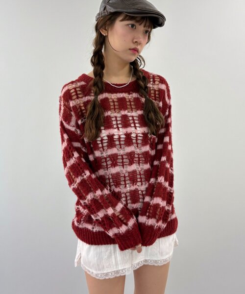 w closet(ダブルクローゼット)の「透かし編みボーダーニット(ニット/セーター・レディース・グレー/ブルー/レッド・FREE)」の4枚目の写真