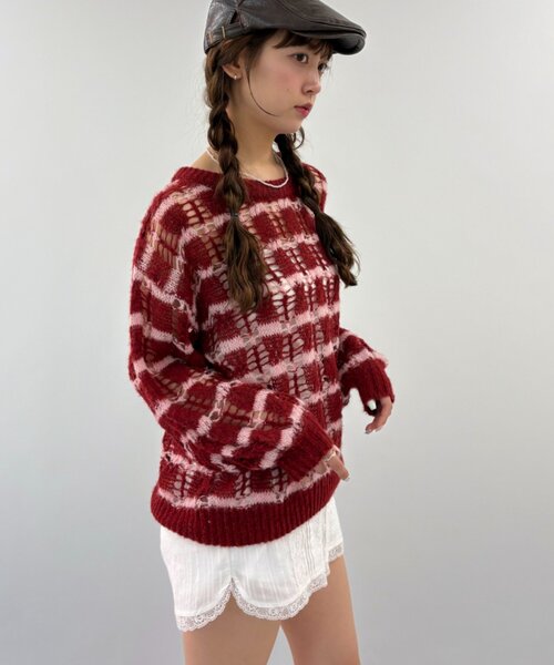 w closet(ダブルクローゼット)の「透かし編みボーダーニット(ニット/セーター・レディース・グレー/ブルー/レッド・FREE)」の5枚目の写真