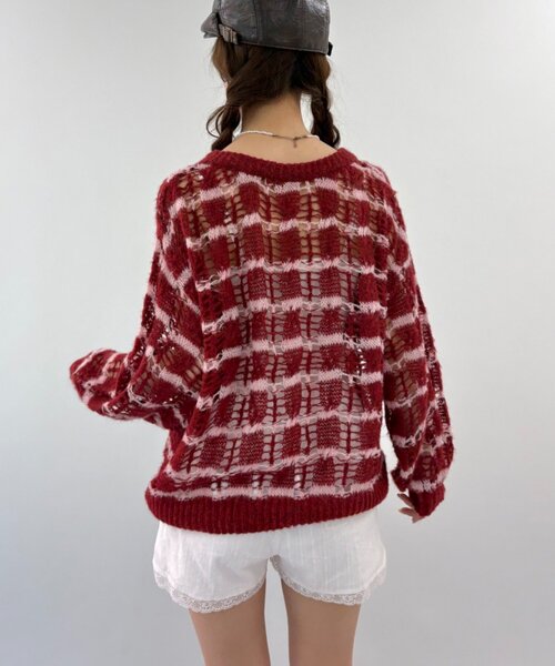 w closet(ダブルクローゼット)の「透かし編みボーダーニット(ニット/セーター・レディース・グレー/ブルー/レッド・FREE)」の6枚目の写真