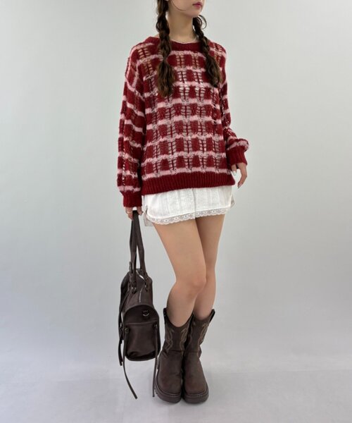 w closet(ダブルクローゼット)の「透かし編みボーダーニット(ニット/セーター・レディース・グレー/ブルー/レッド・FREE)」の7枚目の写真