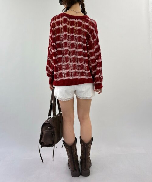 w closet(ダブルクローゼット)の「透かし編みボーダーニット(ニット/セーター・レディース・グレー/ブルー/レッド・FREE)」の9枚目の写真