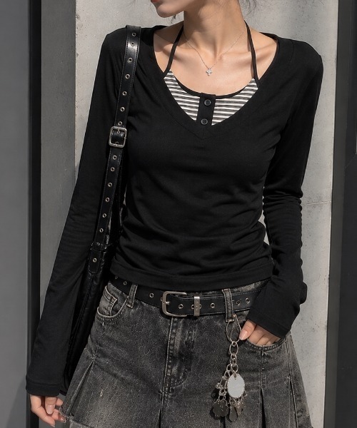 AVYL(アヴィル)の「レース切替リボンレイヤード長袖カットソー(Tシャツ/カットソー・レディース・ブラック/ホワイト・M)」の1枚目の写真