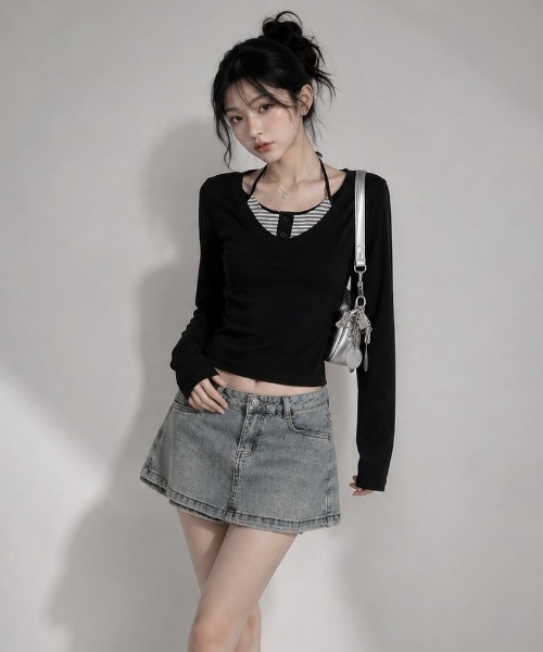 AVYL(アヴィル)の「レース切替リボンレイヤード長袖カットソー(Tシャツ/カットソー・レディース・ブラック/ホワイト・M)」の4枚目の写真