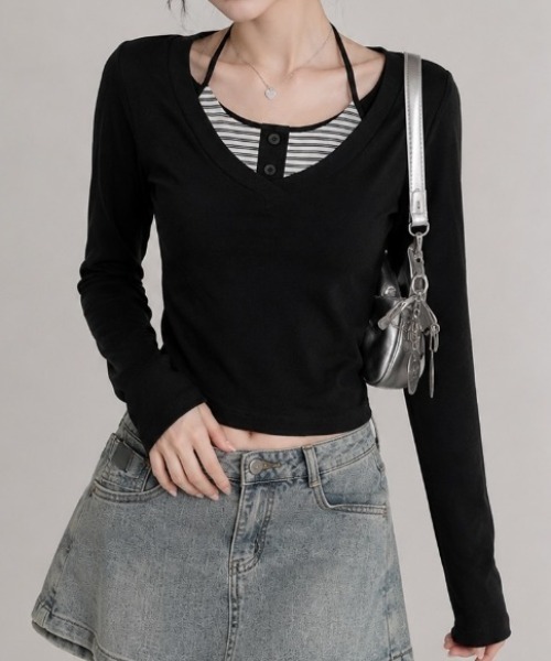 AVYL(アヴィル)の「レース切替リボンレイヤード長袖カットソー(Tシャツ/カットソー・レディース・ブラック/ホワイト・M)」の12枚目の写真