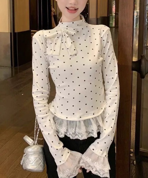 AsheKsha(アシクシャ)の「水玉模様リボンハーフハイネック レースフリルロングスリーブトップス レディース(Tシャツ/カットソー・レディース・ホワイト・M)」の9枚目の写真