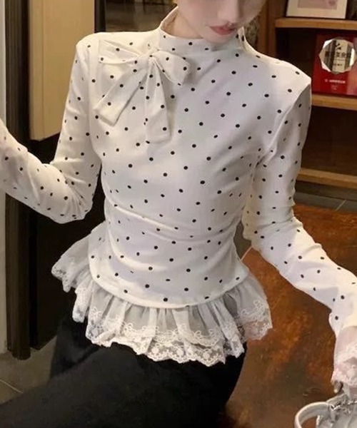 AsheKsha(アシクシャ)の「水玉模様リボンハーフハイネック レースフリルロングスリーブトップス レディース(Tシャツ/カットソー・レディース・ホワイト・M)」の10枚目の写真