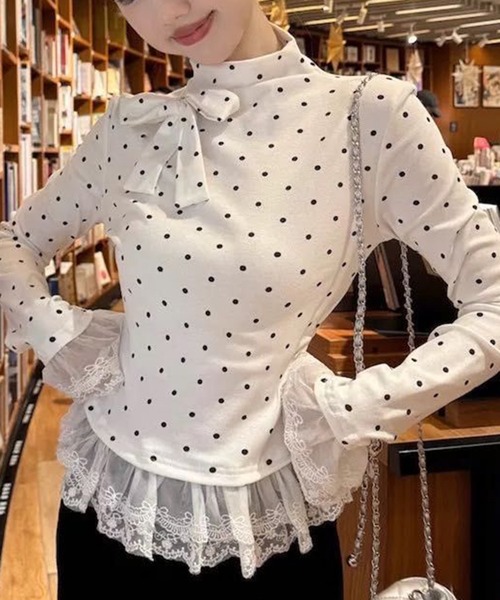 AsheKsha(アシクシャ)の「水玉模様リボンハーフハイネック レースフリルロングスリーブトップス レディース(Tシャツ/カットソー・レディース・ホワイト・M)」の3枚目の写真
