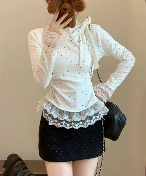 AsheKsha(アシクシャ)の「水玉模様リボンハーフハイネック レースフリルロングスリーブトップス レディース(Tシャツ/カットソー・レディース・ホワイト・M)」の5枚目の写真