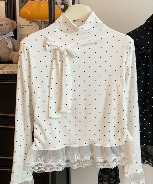 AsheKsha(アシクシャ)の「水玉模様リボンハーフハイネック レースフリルロングスリーブトップス レディース(Tシャツ/カットソー・レディース・ホワイト・M)」の6枚目の写真