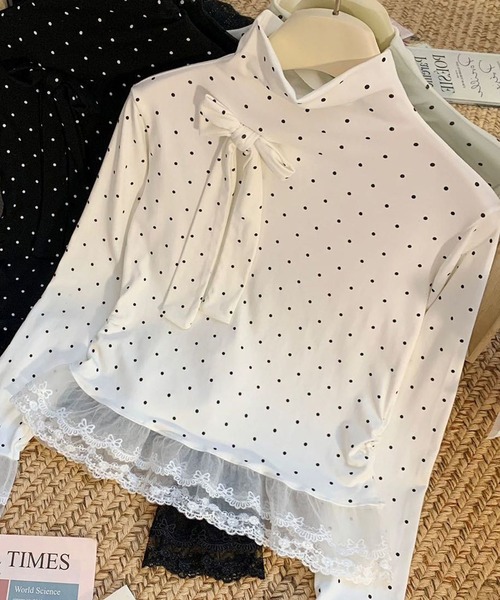 AsheKsha(アシクシャ)の「水玉模様リボンハーフハイネック レースフリルロングスリーブトップス レディース(Tシャツ/カットソー・レディース・ホワイト・M)」の7枚目の写真