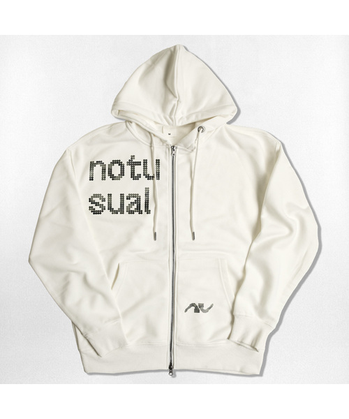 NOTUSUAL(ノットユージュアル)の「カモフォントロゴ 2WAY ジップアップパーカー 4色(パーカー・レディース・ブラック/ホワイト/ネイビー/ライトグレー・MEDIUM/X-LARGE/SMALL/LARGE)」の2枚目の写真