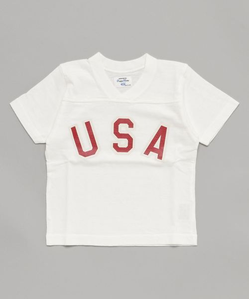 DUBBLEWORKS(ダブルワークス)の「DUBBLEWORKS/ダブルワークス USA/スラブ フットボールTee【日本製】(Tシャツ/カットソー・キッズ・オレンジ系その他/オフホワイト/ブルー/杢グレー・92cm/100cm/110cm/120cm)」の1枚目の写真