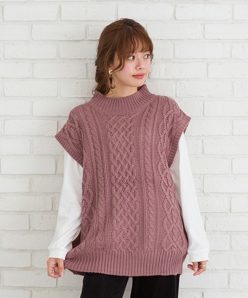 SpRay（スプレイ）の「ケーブルハイネックベスト（ベスト・レディース・アイボリー/ブラック/ピンク/ブラウン/ダークベージュ・FREE）」の5枚目の写真