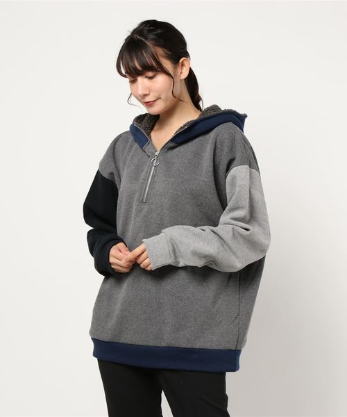 NO WAY(ノーウェイ)の「/ISLAND PEAK(アイランドピーク)/パイル裏起毛ハーフZIPハイネックパーカー(パーカー・レディース・ブラック/ベージュ/マルチ/杢グレー・MEDIUM/LARGE/X-LARGE)」の9枚目の写真