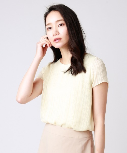 NEWYORKER(ニューヨーカー)の「シャドーストライプ ブラウス見えカットソー(スーツインナー対応)(Tシャツ/カットソー・レディース・ホワイト/サックスブルー/クリーム・M/L)」の1枚目の写真