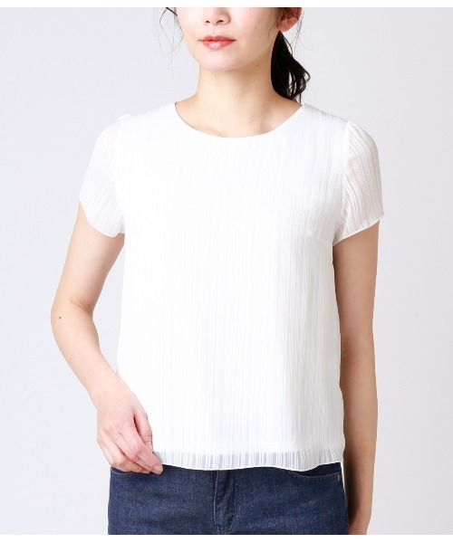 NEWYORKER(ニューヨーカー)の「シャドーストライプ ブラウス見えカットソー(スーツインナー対応)(Tシャツ/カットソー・レディース・ホワイト/サックスブルー/クリーム・M/L)」の4枚目の写真