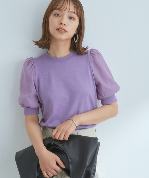 VIS（ビス）の「【新色追加】上品な雰囲気で魅せる袖オーガーンジー半袖プルオーバー（Tシャツ/カットソー・レディース・ホワイト/ブラック/ベージュ/ライトグリーン/パープル/ブルー/ピンク/ピンク系その他2/キナリ/ベージュ系その他2・FREE）」の8枚目の写真