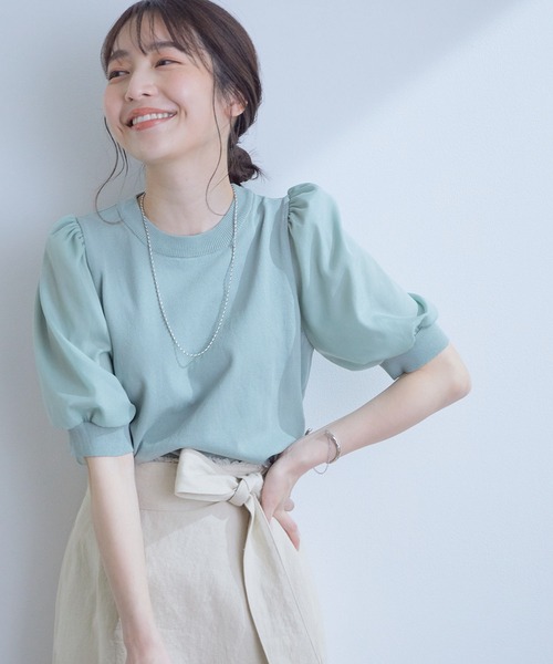 VIS（ビス）の「【新色追加】上品な雰囲気で魅せる袖オーガーンジー半袖プルオーバー（Tシャツ/カットソー・レディース・ホワイト/ブラック/ベージュ/ライトグリーン/パープル/ブルー/ピンク/ピンク系その他2/キナリ/ベージュ系その他2・FREE）」の6枚目の写真