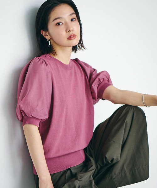 VIS（ビス）の「【新色追加】上品な雰囲気で魅せる袖オーガーンジー半袖プルオーバー（Tシャツ/カットソー・レディース・ホワイト/ブラック/ベージュ/ライトグリーン/パープル/ブルー/ピンク/ピンク系その他2/キナリ/ベージュ系その他2・FREE）」の10枚目の写真