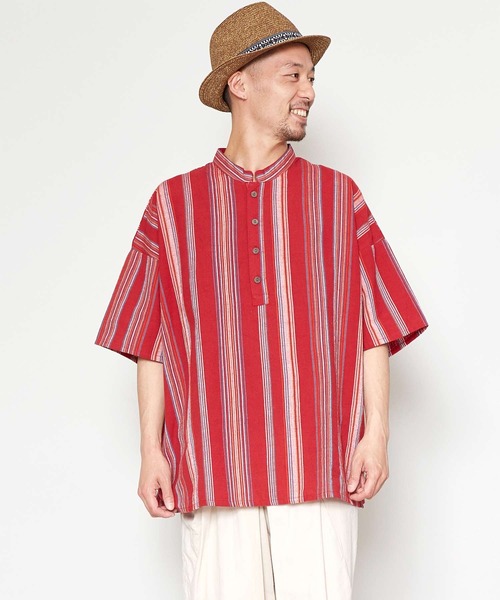 チャイハネ(チャイハネ)の「【チャイハネ】南インドの織り布 マルチストライプMEN'Sトップス(その他トップス・メンズ・ベージュ/レッド/ターコイズブルー・FREE)」の3枚目の写真